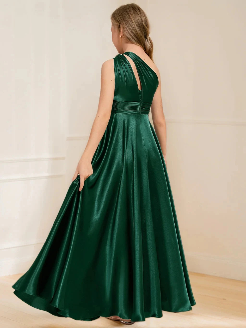 A-Line Princess One Shoulder Ankle-Length Junior Girl Bridesmaid Dresses with Pleats