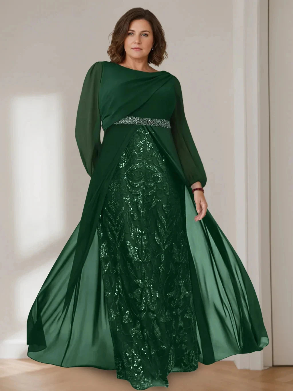 A-Line Princess Scoop Long Sleeves Floor-Length Plus Size Mother of the Bride Dresses with Sequins