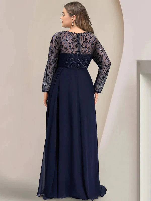 A-Line Princess Scoop Long Sleeves Floor-Length Plus Size Mother of the Bride Dresses with Split Side, Ruffles & Sequins