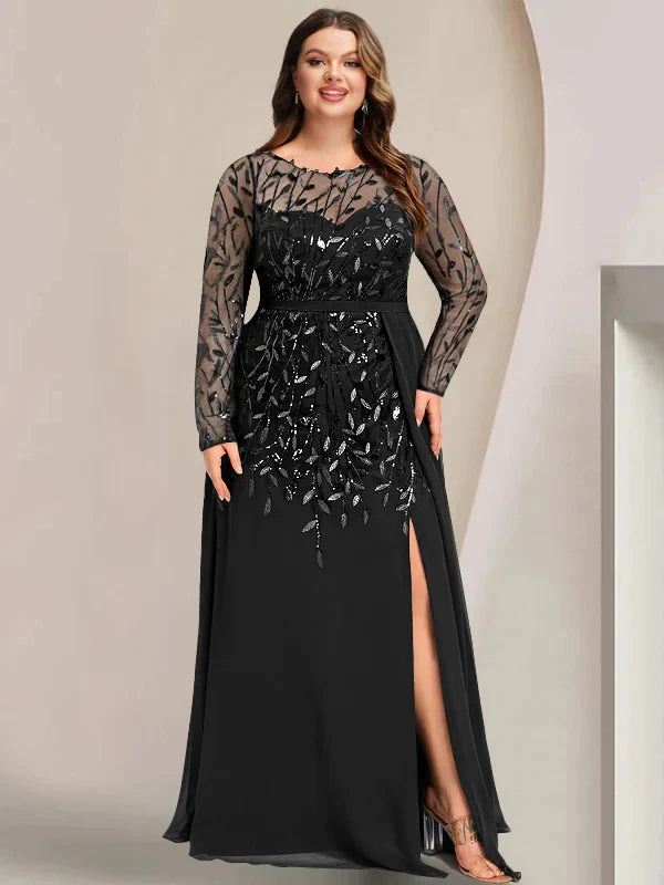 A-Line Princess Scoop Long Sleeves Floor-Length Plus Size Mother of the Bride Dresses with Split Side, Ruffles & Sequins