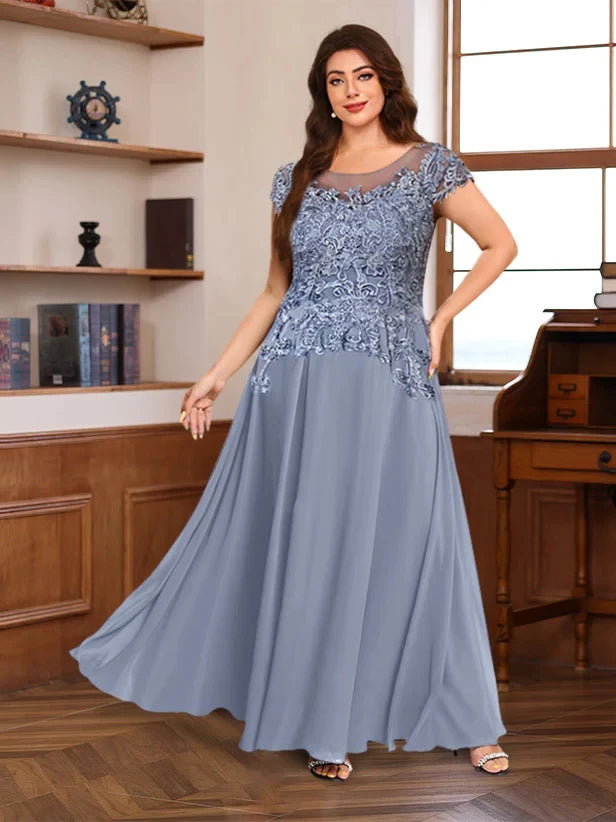 A-Line Princess Scoop Neck Short Sleeves Floor-Length Plus Size Mother of the Bride Dresses with Appliques