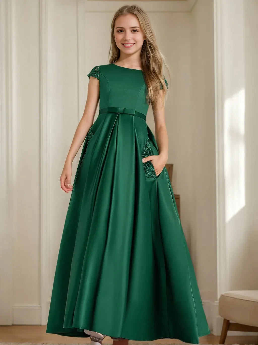 A-Line Princess Short Sleeves Lace Junior Bridesmaid Dresses with Appliques