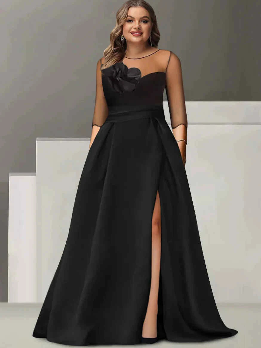 A-Line Princess Sweetheart 34 Sleeves Plus Size Mother Of The Bride Dresses With Lace Flower & High Split