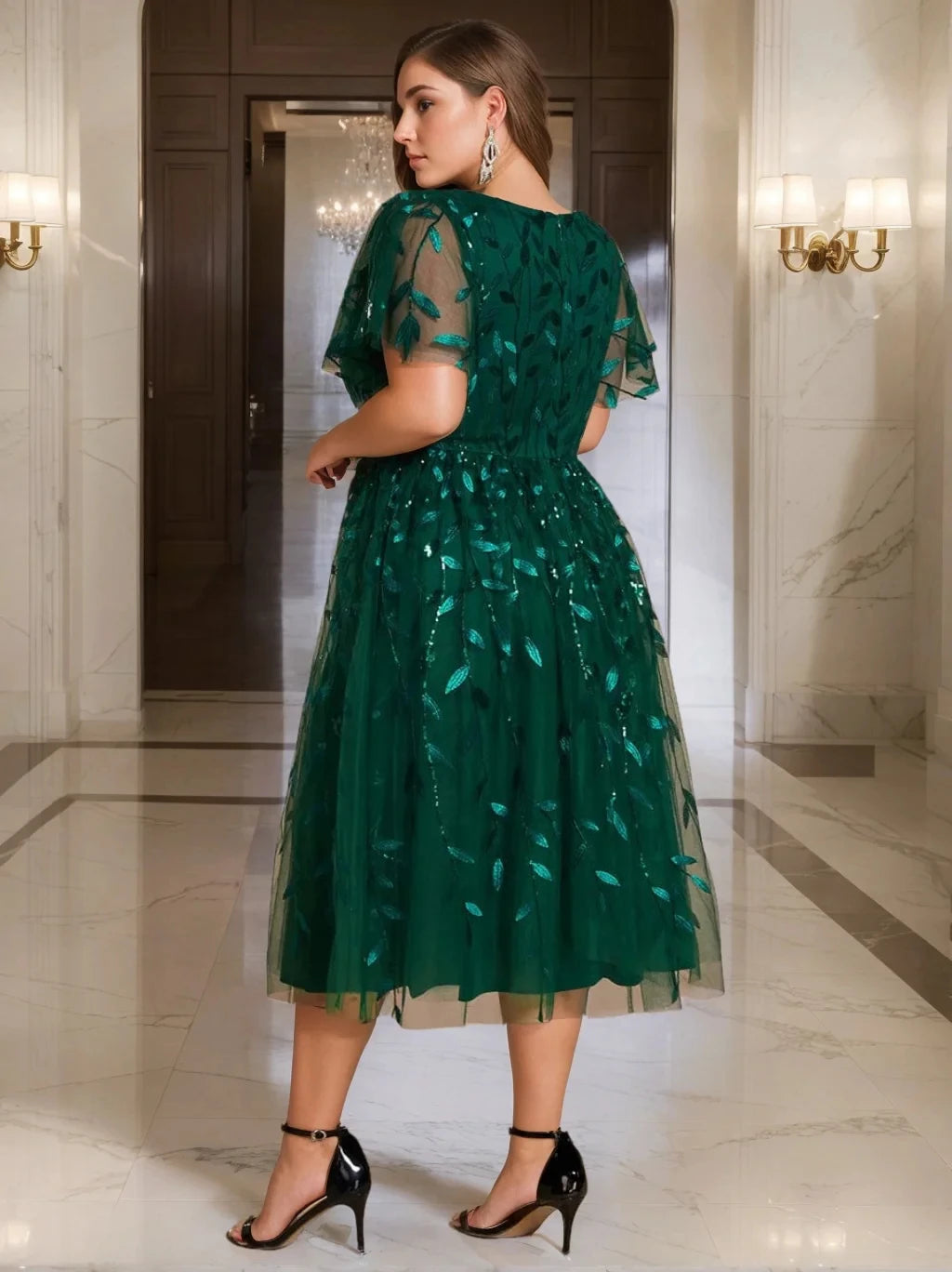 A-Line Princess V-Neck Short Sleeves Tea-Length Plus Size Mother Of The Bride Dresses with Sequins