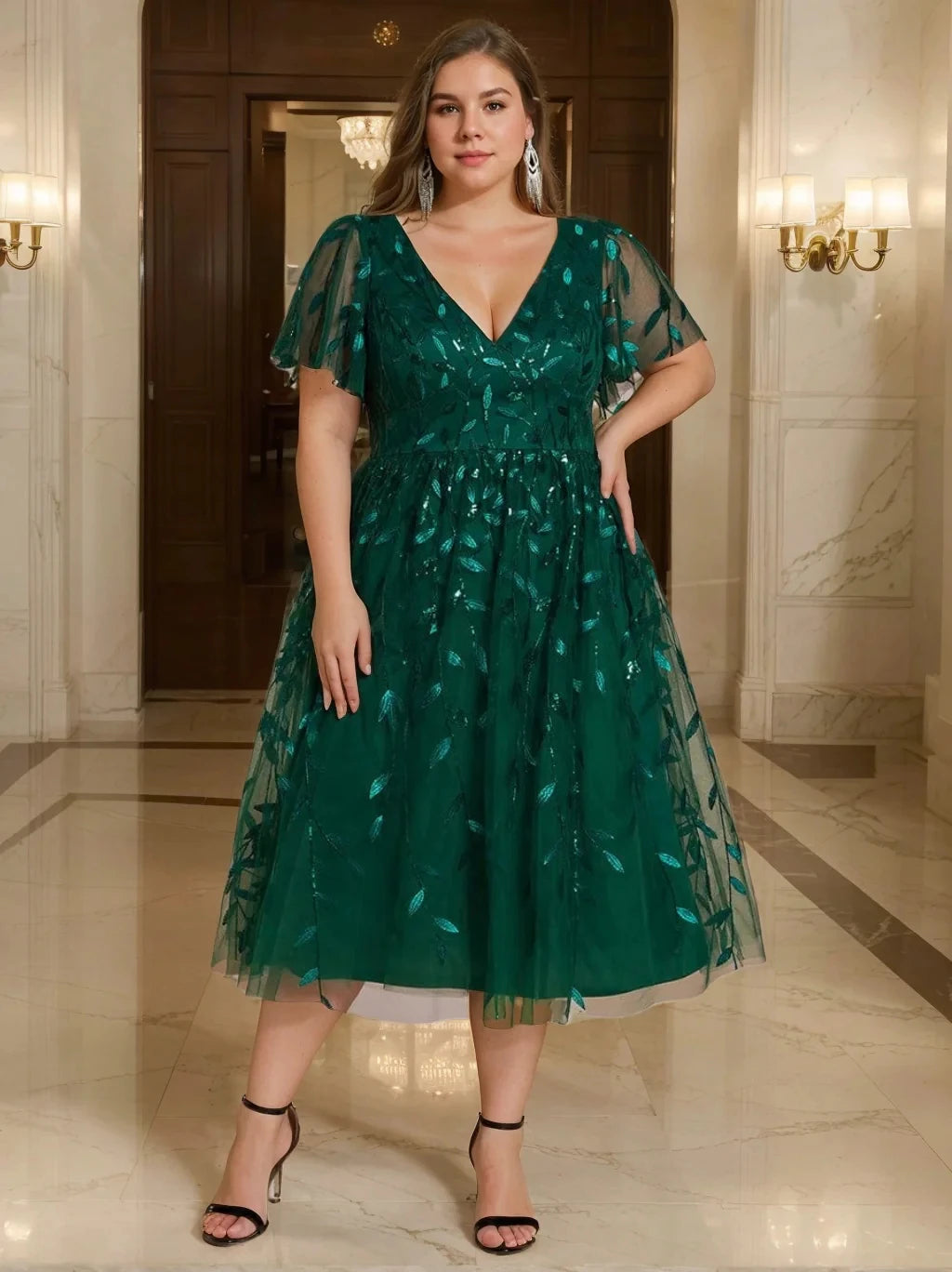 A-Line Princess V-Neck Short Sleeves Tea-Length Plus Size Mother Of The Bride Dresses with Sequins