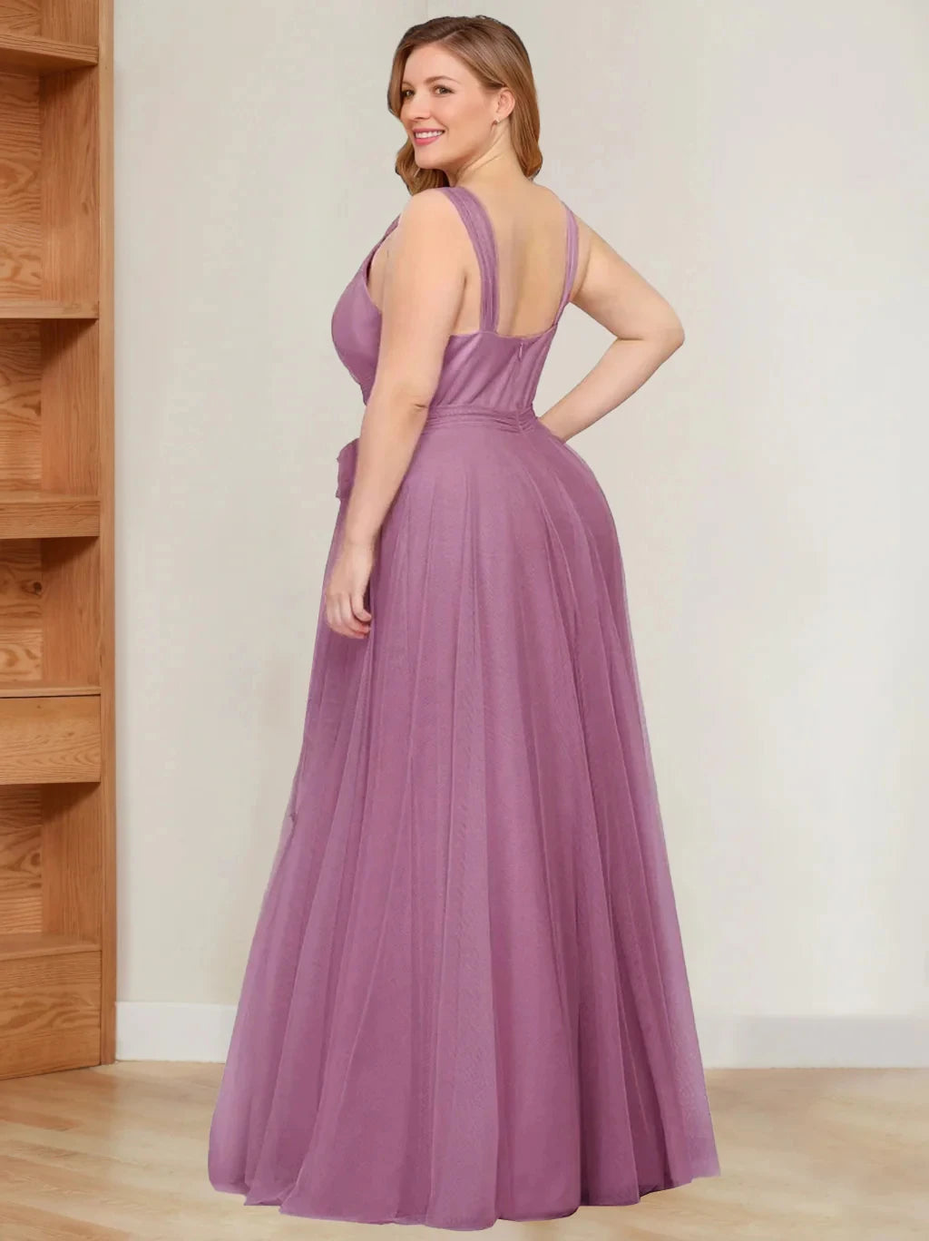 A-Line Princess V-Neck Sleeveless Floor-Length Tulle Plus Size Mother of the Bride Dresses with Ruffles