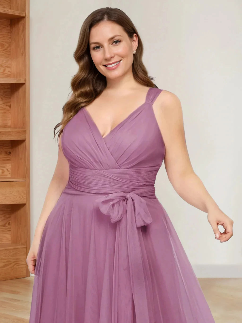 A-Line Princess V-Neck Sleeveless Floor-Length Tulle Plus Size Mother of the Bride Dresses with Ruffles