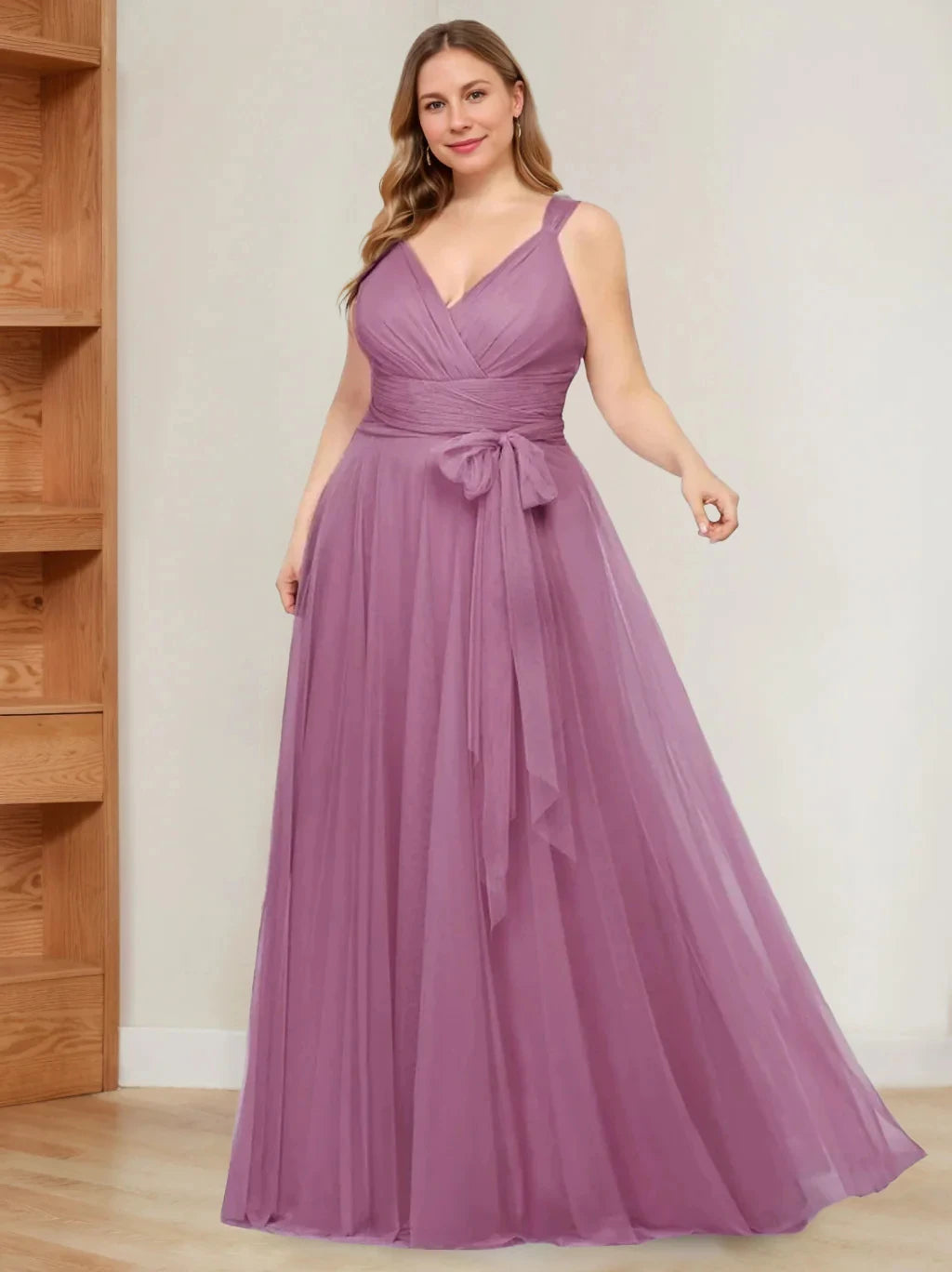 A-Line Princess V-Neck Sleeveless Floor-Length Tulle Plus Size Mother of the Bride Dresses with Ruffles