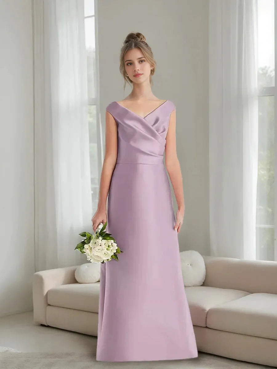 A-Line Princess V-neck Ruched Floor-Length Junior Bridesmaid Dresses with Pockets