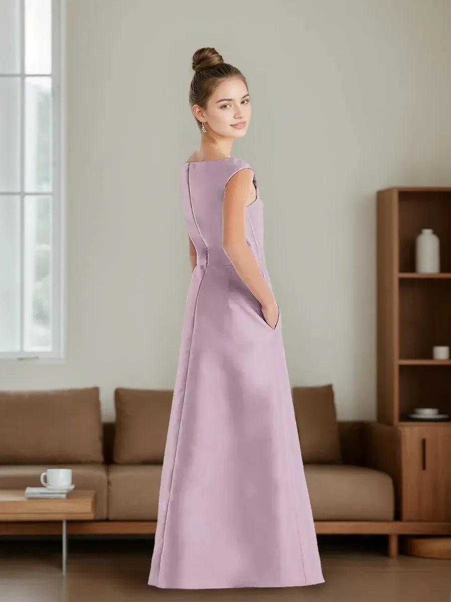 A-Line Princess V-neck Ruched Floor-Length Junior Bridesmaid Dresses with Pockets