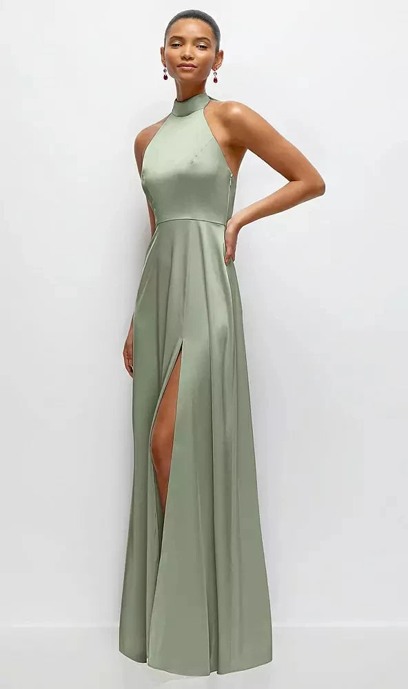 Band Collar Halter Open Back Fluid Satin Maxi Dress with Self-Tie Bow in Sage
