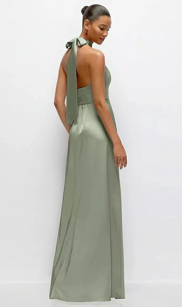 Band Collar Halter Open Back Fluid Satin Maxi Dress with Self-Tie Bow in Sage