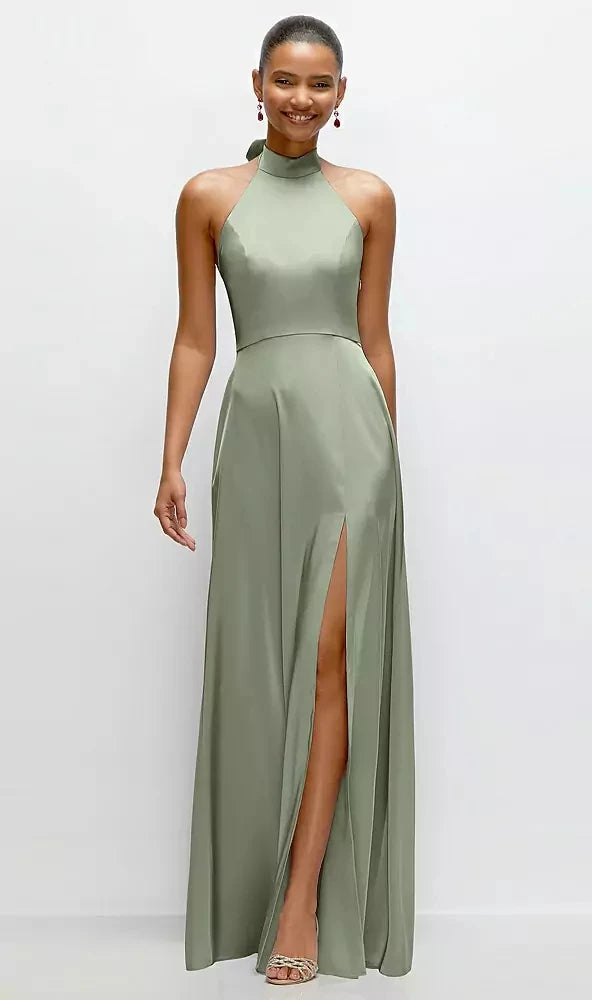 Band Collar Halter Open Back Fluid Satin Maxi Dress with Self-Tie Bow in Sage
