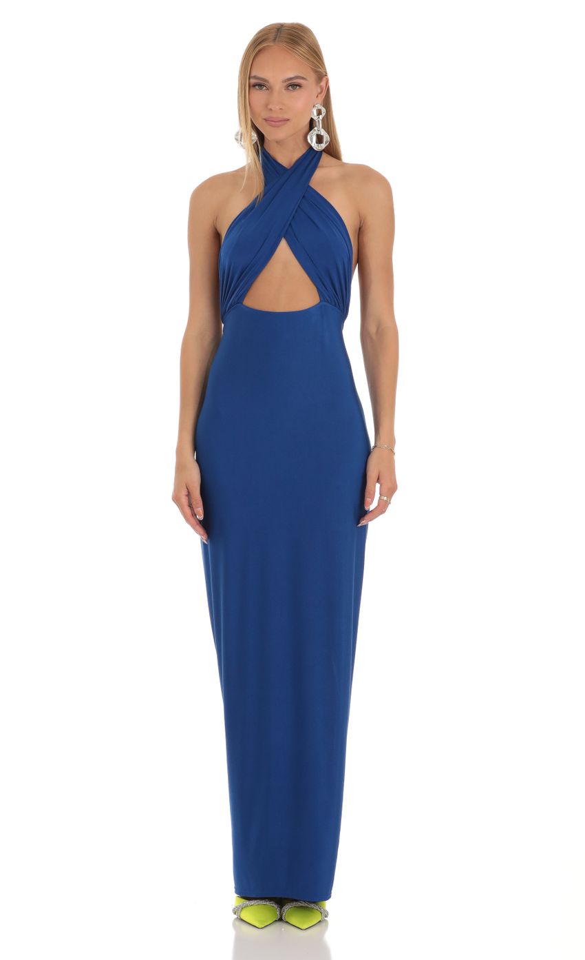 Bold Sheath Halter-Neck Cut-Out-Back Royal Blue Stretch-Fabric Floor-Length Prom Dresses