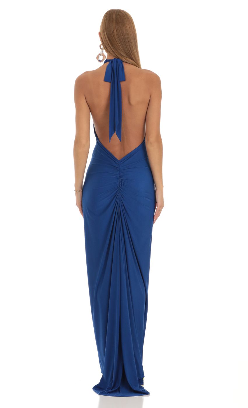 Bold Sheath Halter-Neck Cut-Out-Back Royal Blue Stretch-Fabric Floor-Length Prom Dresses