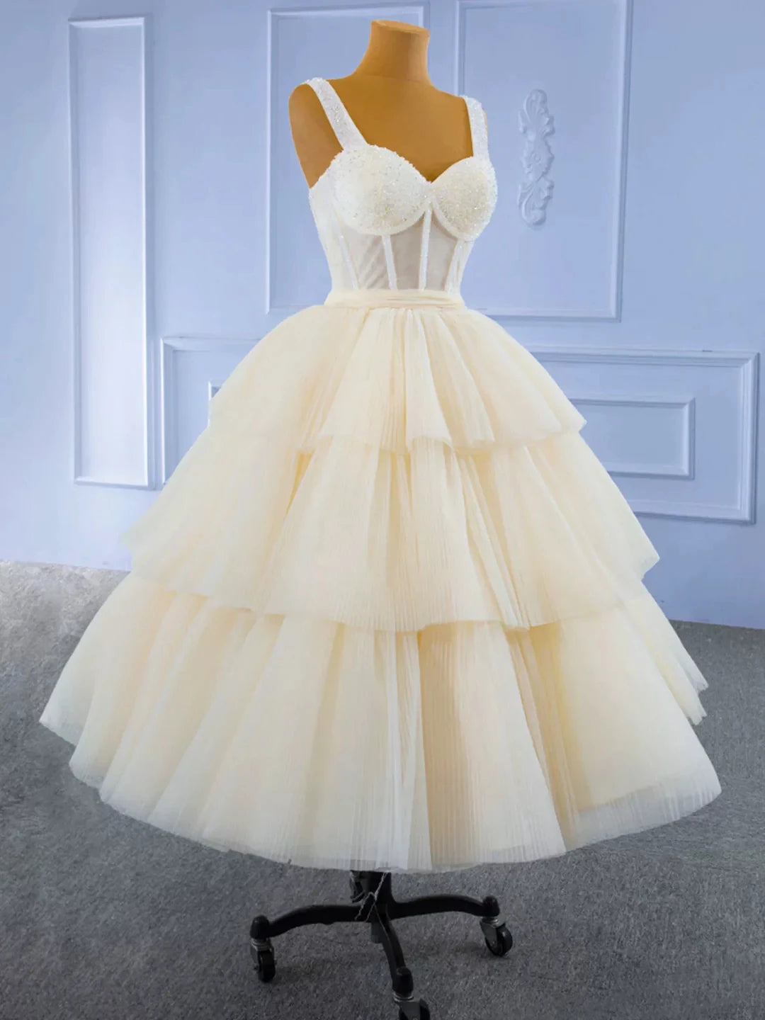 Champagne Tea Length Tulle Beaded Party Dress Charming A-line Evening Graduation Dress