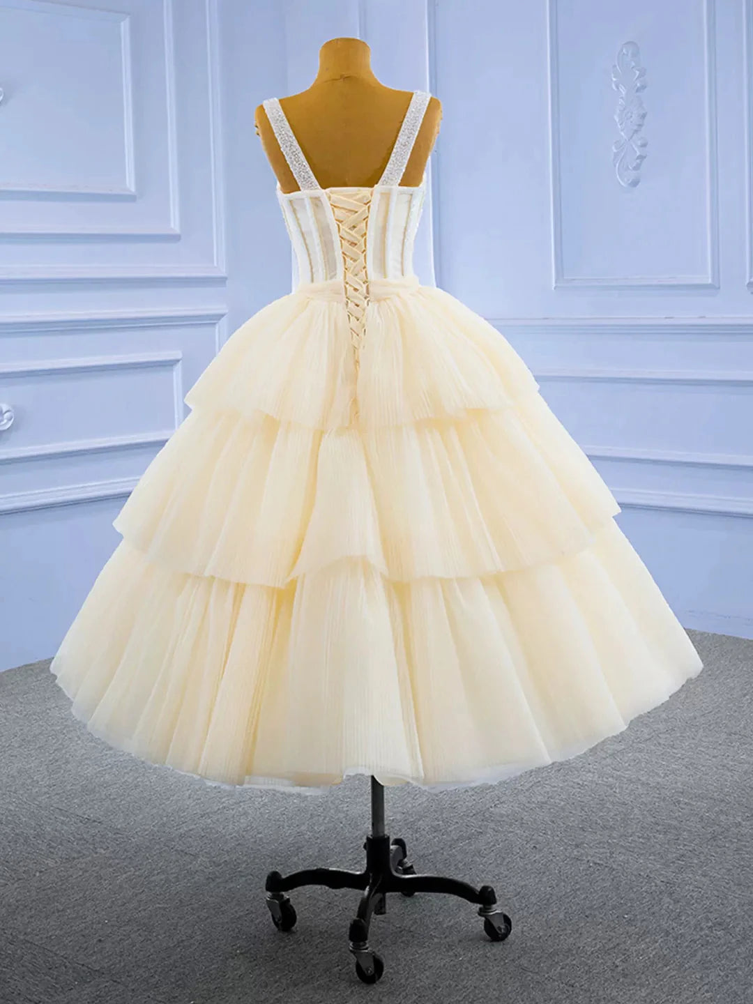 Champagne Tea Length Tulle Beaded Party Dress Charming A-line Evening Graduation Dress