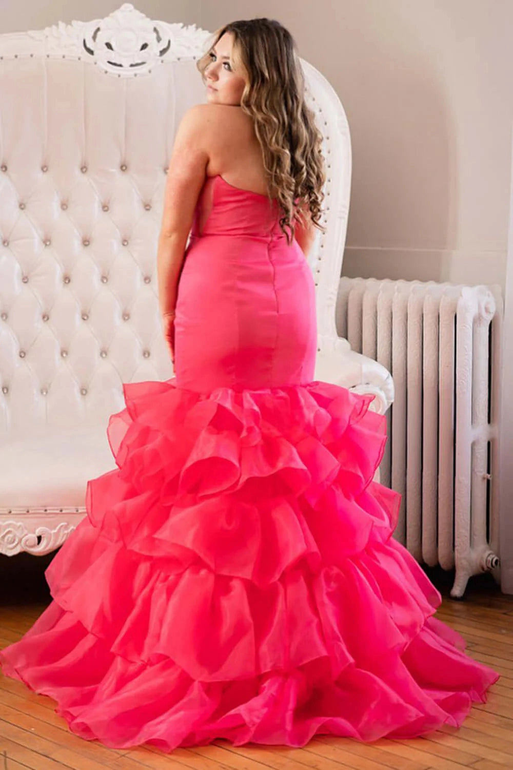 Cheap Plus Size Hot Pink Prom Dresses Long Satin Mermaid Evening Dress Strapless