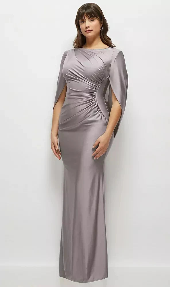 Draped Stretch Satin Maxi Dress with Built-in Capelet in Cashmere Gray