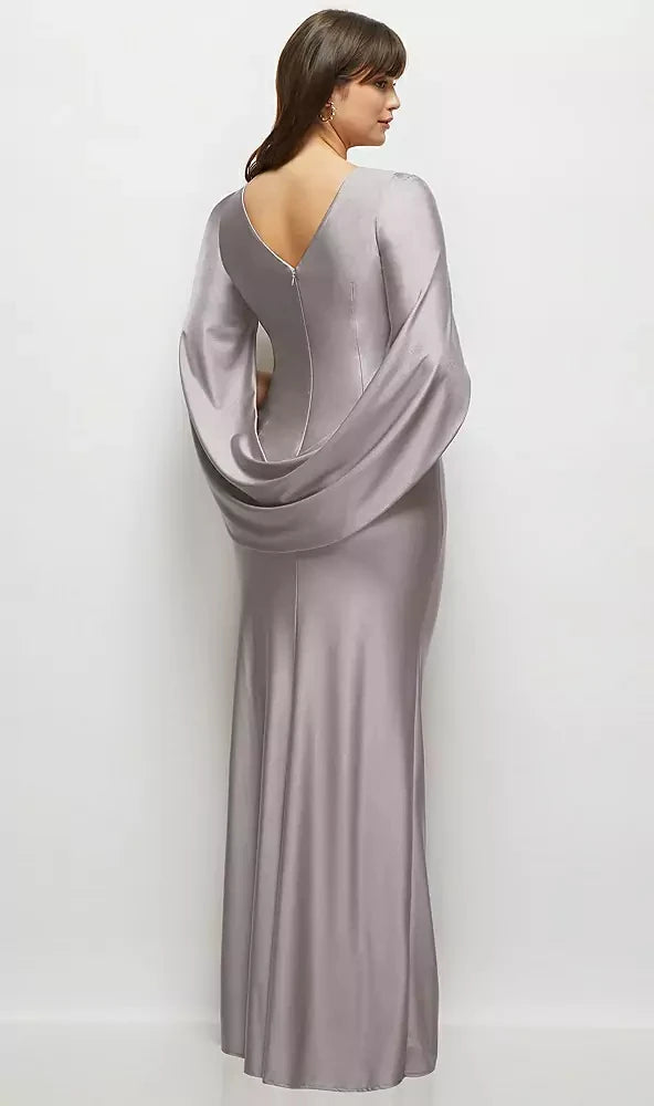 Draped Stretch Satin Maxi Dress with Built-in Capelet in Cashmere Gray