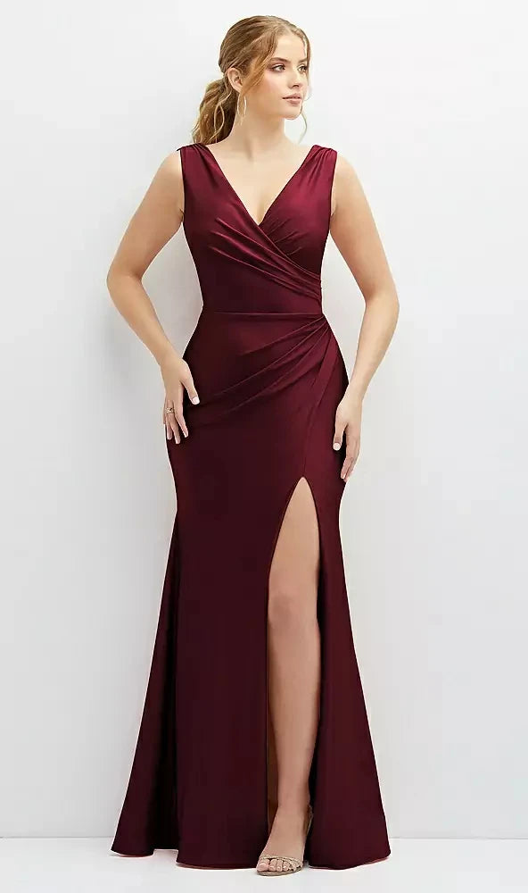Draped Wrap Stretch Satin Mermaid Dress with Horsehair Hem in Cabernet