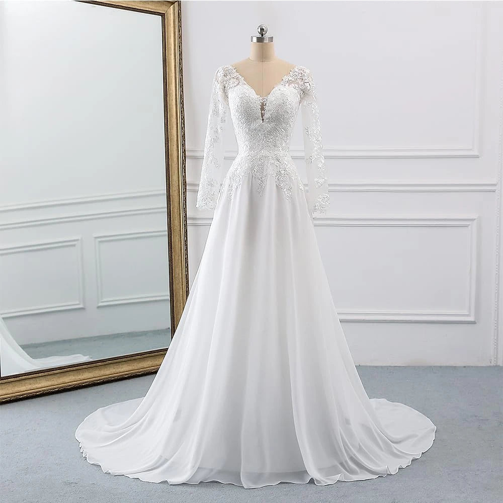 Elegant A-Line Deep V-Neck Long Sleeve Lace-Up Back Floor-Length Wedding Dress