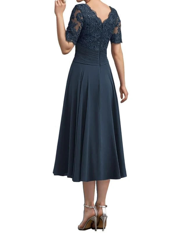 Elegant A-Line V-Neck Half-Sleeve Lace-Up Back Midi Mother Of The Bride Dress