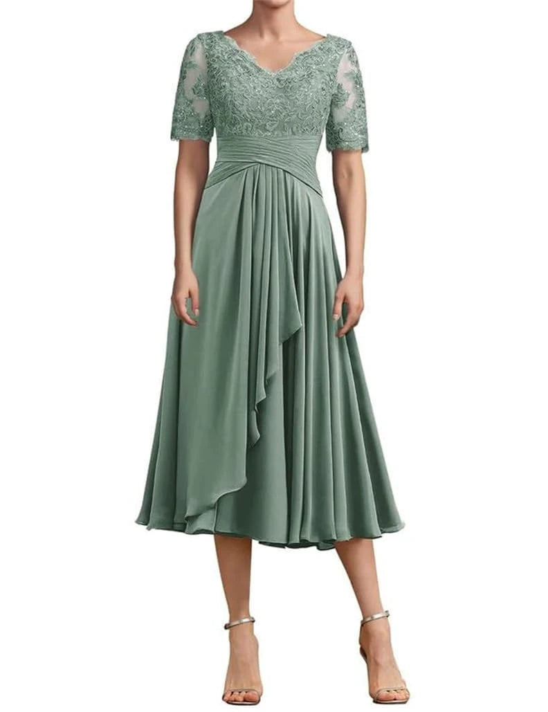 Elegant A-Line V-Neck Half-Sleeve Lace-Up Back Midi Mother Of The Bride Dress
