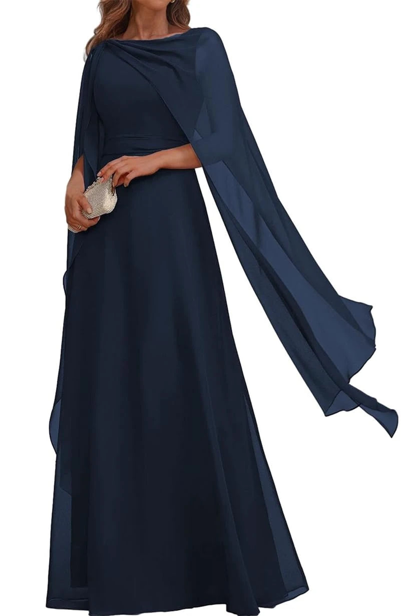 Elegant Cape Sleeve Lace-Up Back Maxi Evening Dress