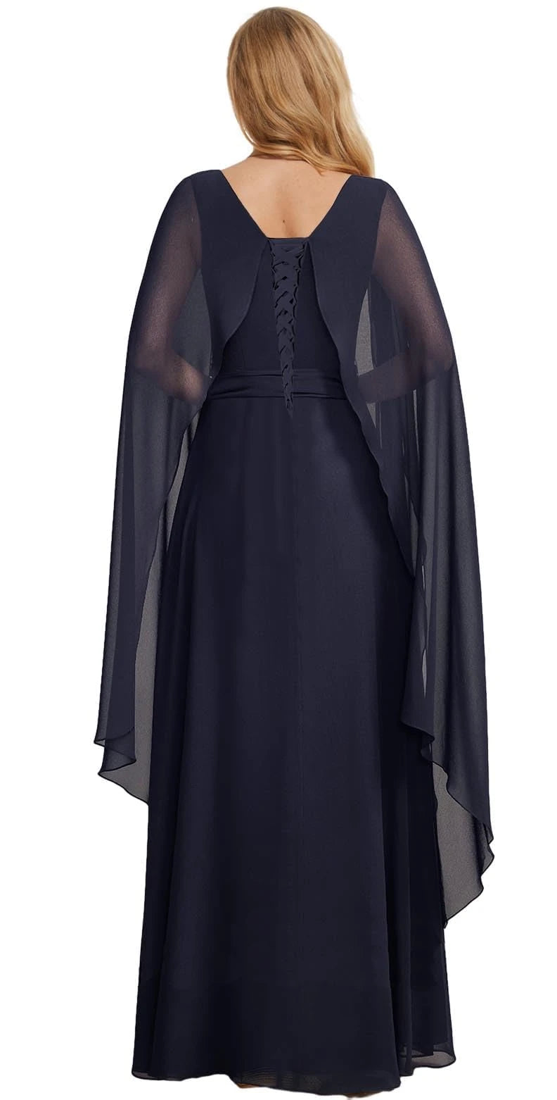 Elegant Cape Sleeve Lace-Up Back Maxi Evening Dress