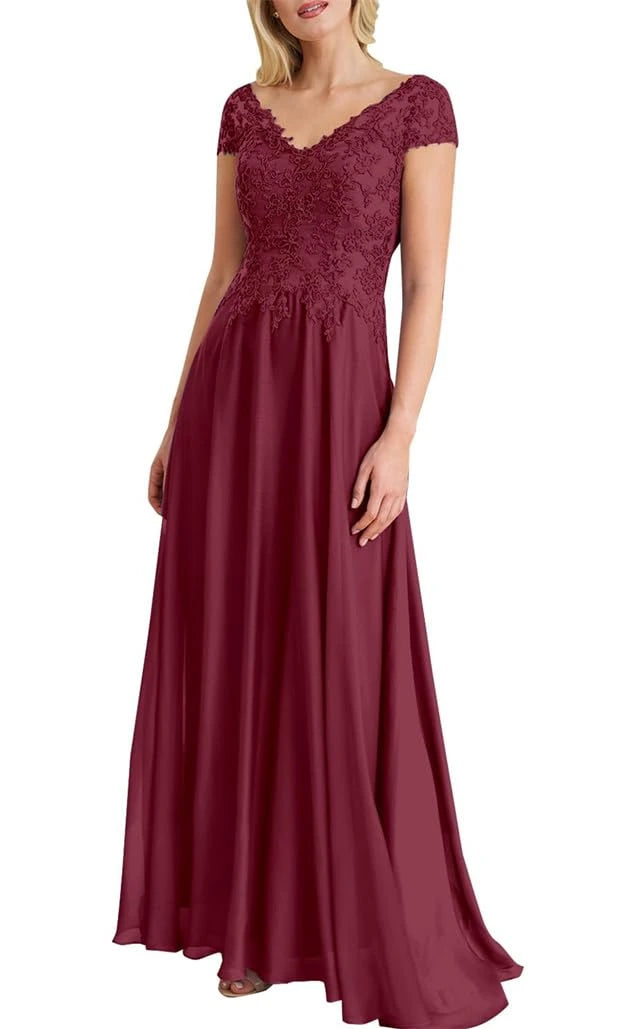 Elegant Lace V-Neck Cap Sleeve Maxi Evening Dress