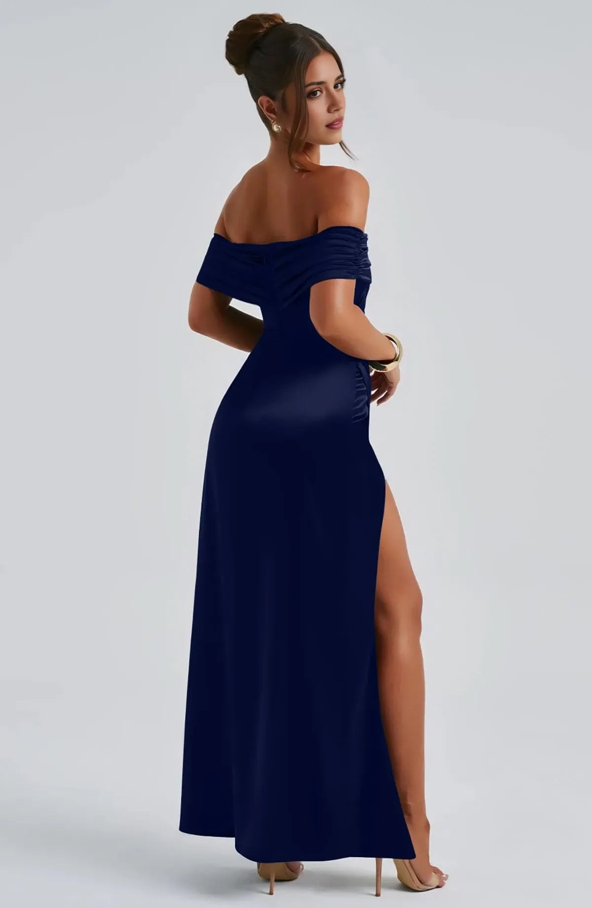 Elegant Off-Shoulder Satin Ruched Side-Slit Maxi Evening Dress