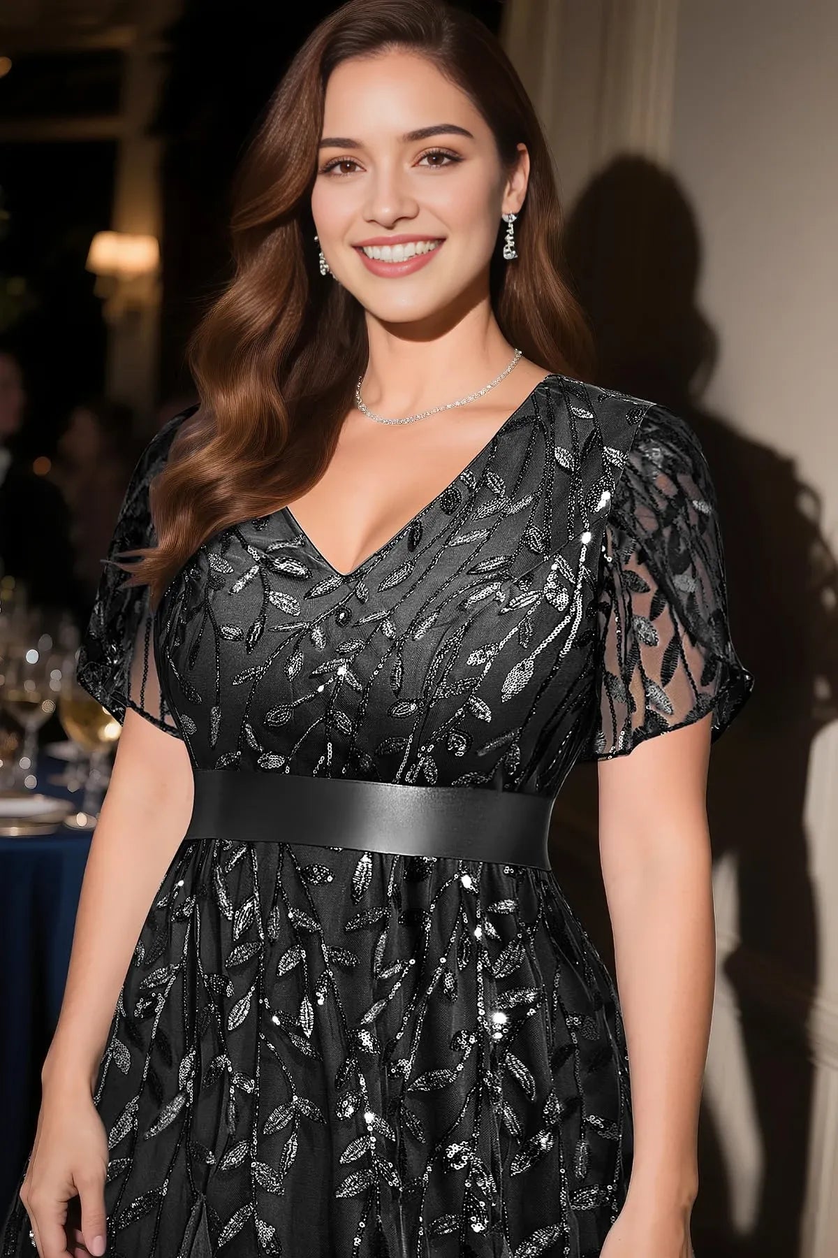 Elegant Plus Size V-Neck Lace Short Sleeve Embellished Waist-Defined Floor-Length Floor-Length