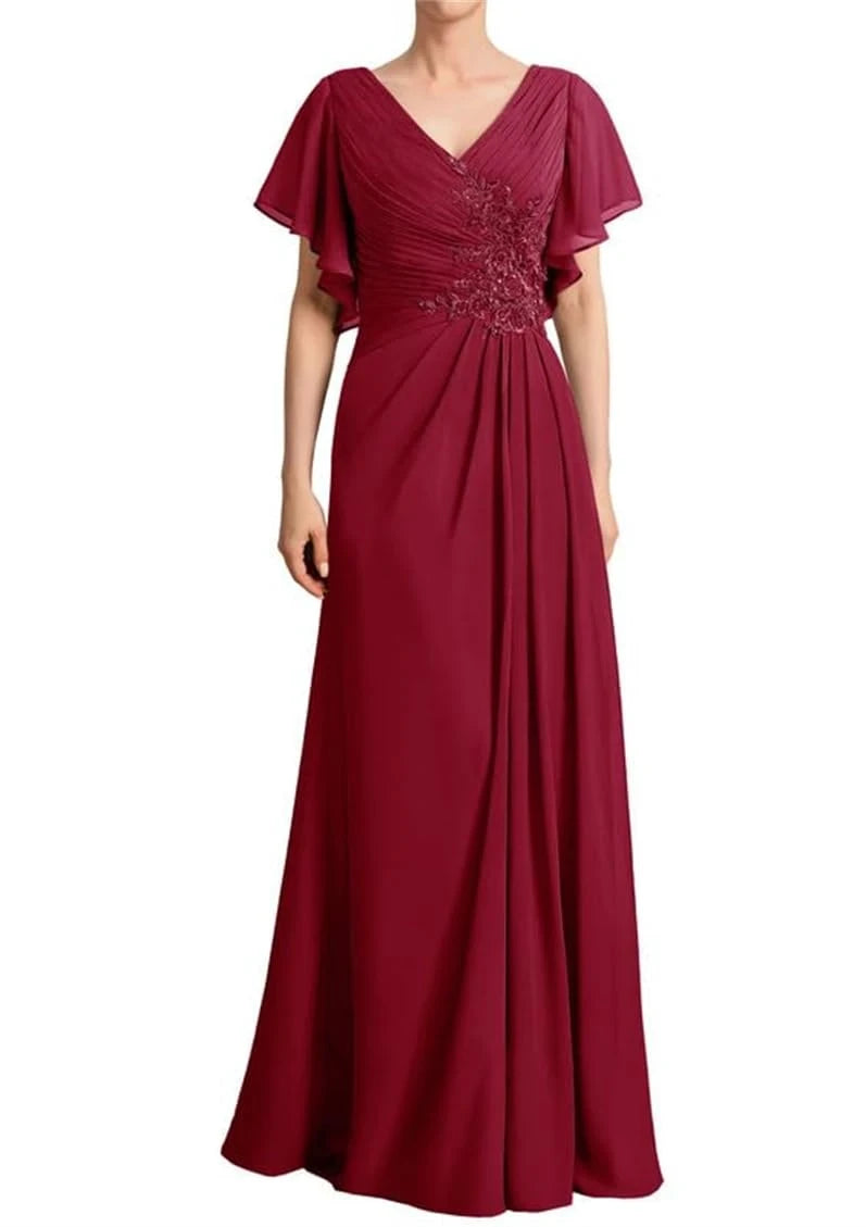 Elegant Ruffle Sleeve V-Neck Ruched Bodice Maxi Evening Dress