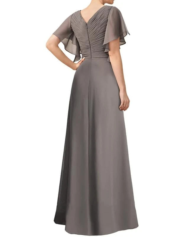 Elegant Ruffle Sleeve V-Neck Ruched Bodice Maxi Evening Dress