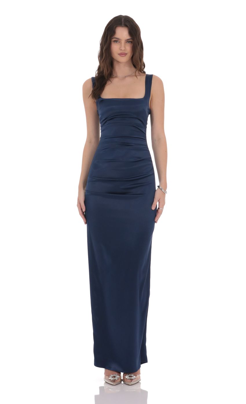 Elegant Sheath Square-Neck Wide-Strap Open-Back Navy Satin Floor-Length Prom Dresses