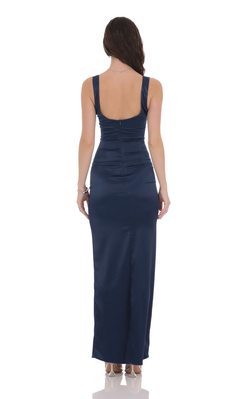 Elegant Sheath Square-Neck Wide-Strap Open-Back Navy Satin Floor-Length Prom Dresses