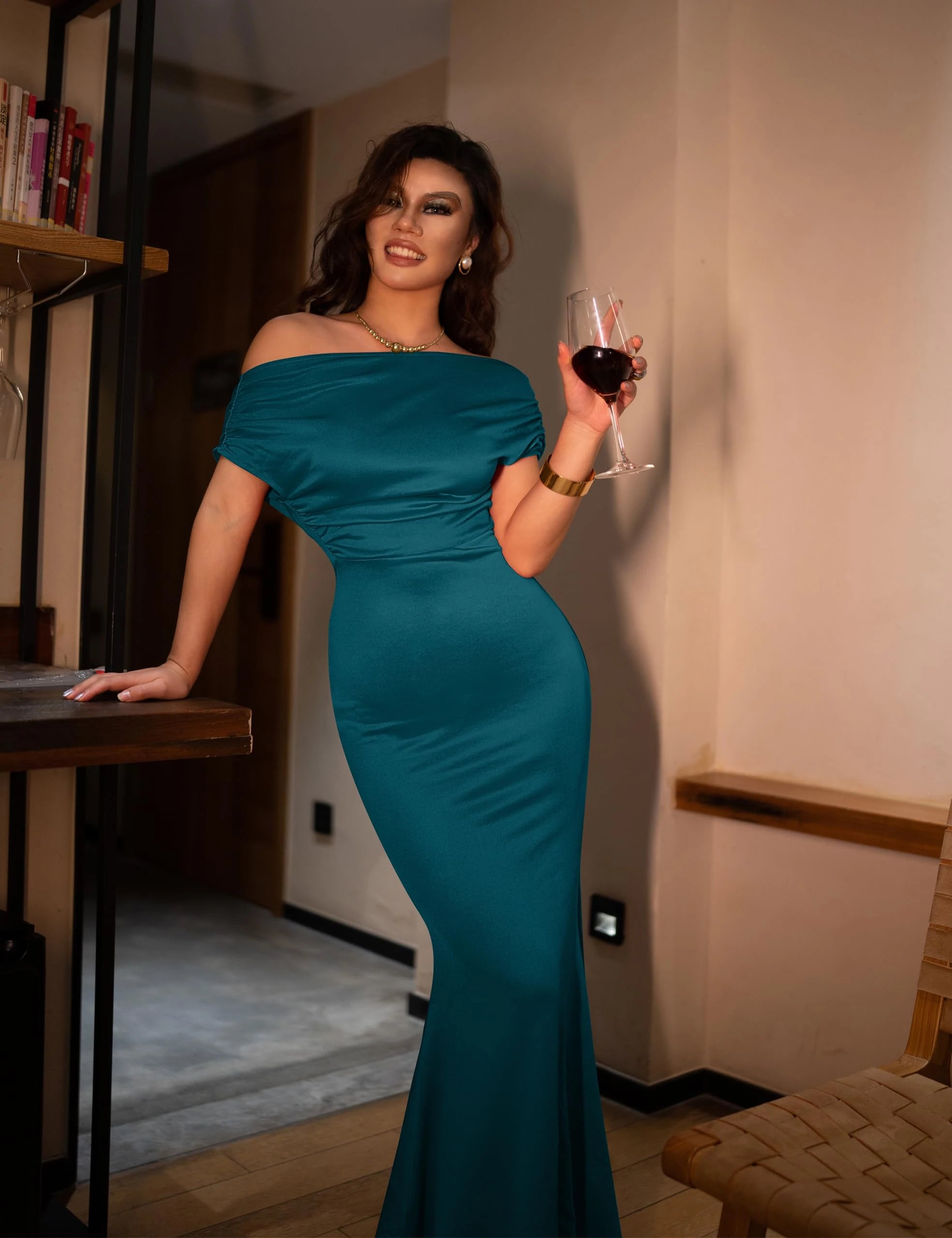 Elegant Trumpet Off-Shoulder Short-Sleeve Open-Back Maxi Mother Of The Bride Dress