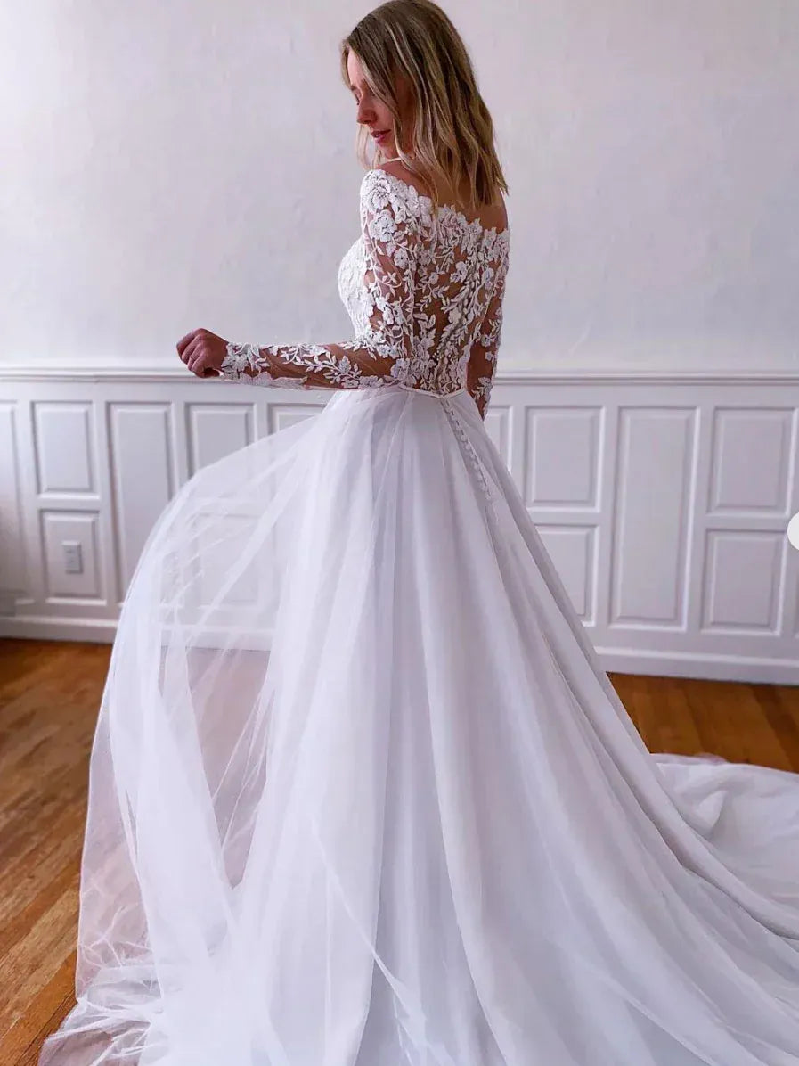 Elegant A-Line Off-The-Shoulder Lace Long Sleeve White Train Wedding Dress For Bride For Sale