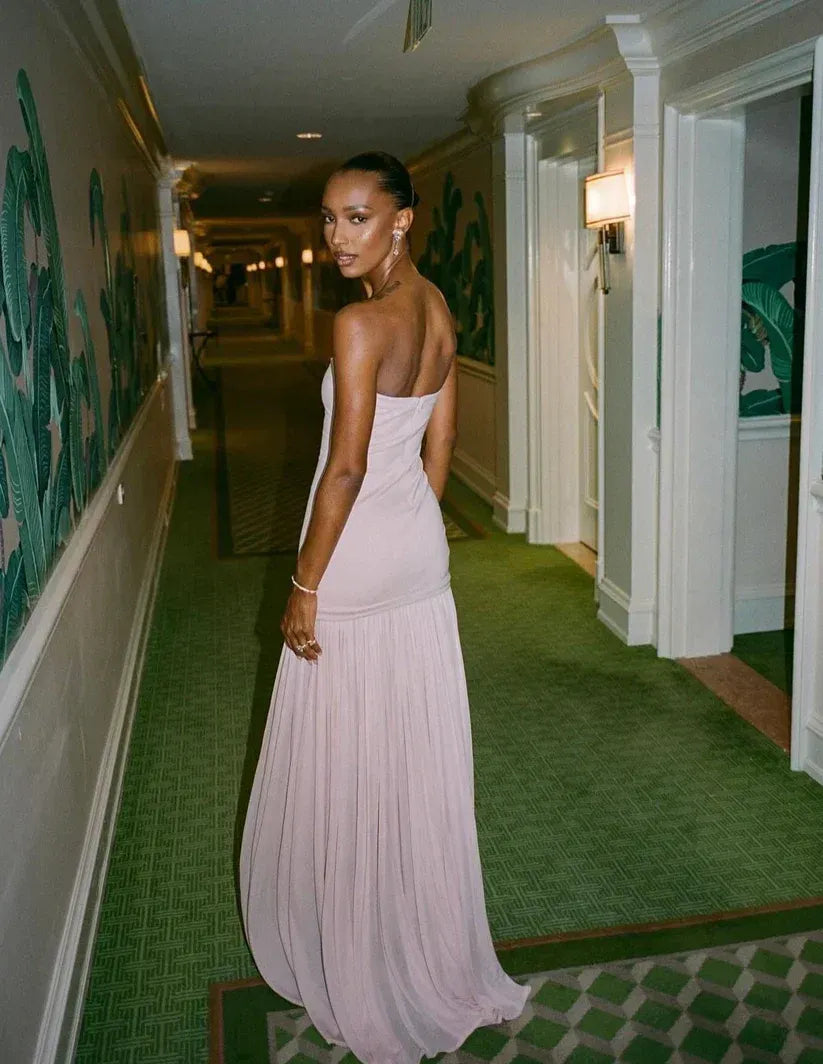 Elegant Column Strapless Pleated Blush Maxi Prom Dress for Women ready to ship