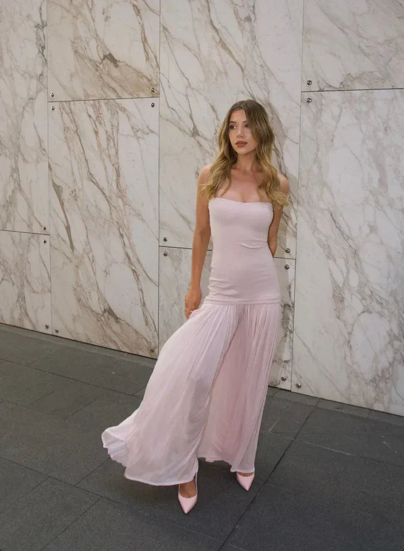 Elegant Column Strapless Pleated Blush Maxi Prom Dress for Women ready to ship