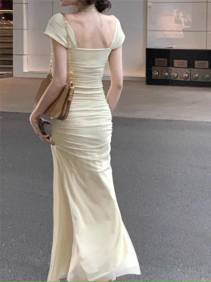 Elegant Mermaid Square-Neck Cap-Sleeve Ruched Cream Maxi Prom Dress for Women ready to ship