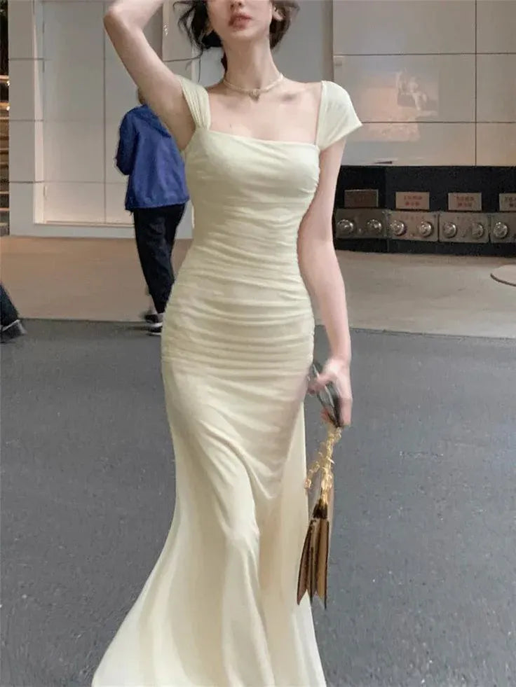 Elegant Mermaid Square-Neck Cap-Sleeve Ruched Cream Maxi Prom Dress for Women ready to ship