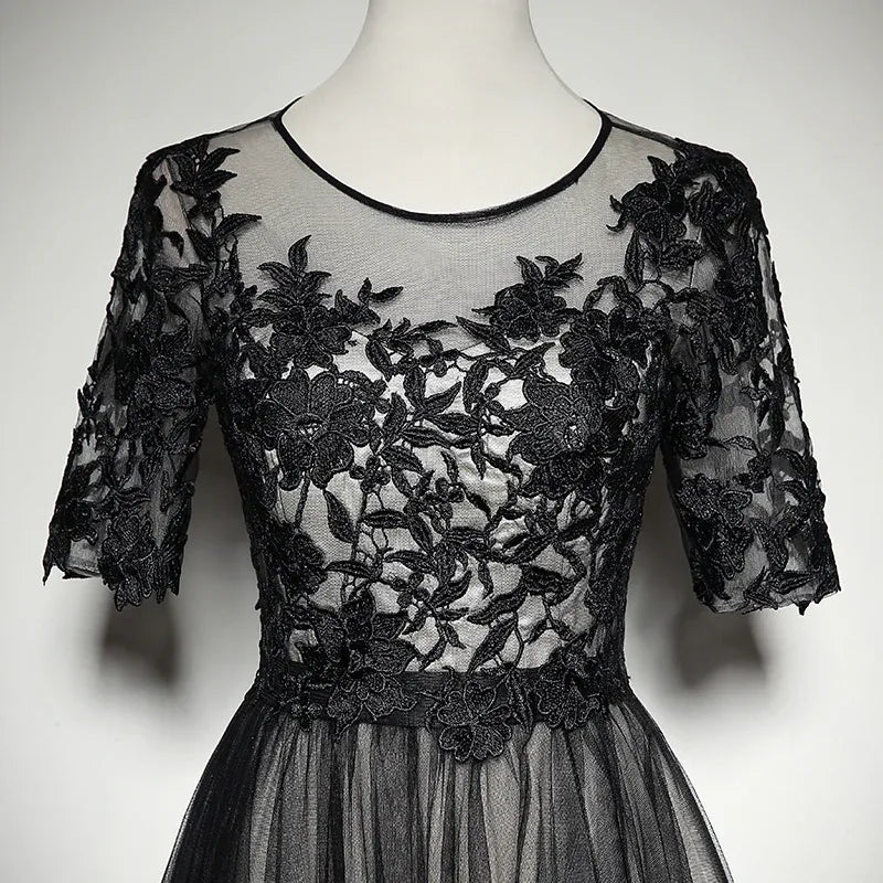 Elegant Tulle Long Evening Dress Black Illusion Neck Half Sleeve for Women