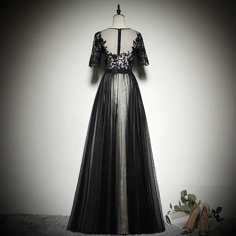 Elegant Tulle Long Evening Dress Black Illusion Neck Half Sleeve for Women