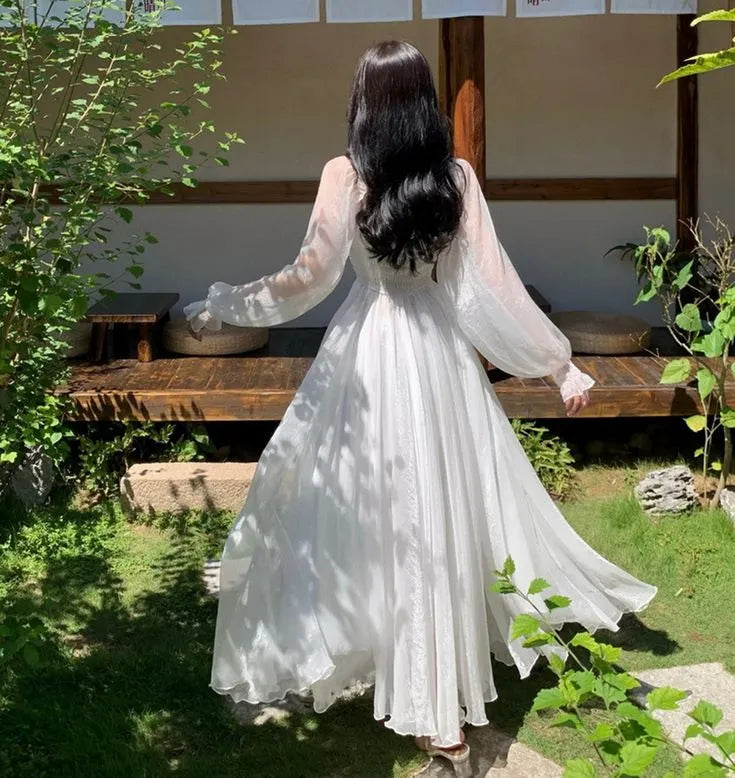 Ethereal Maxi Evening Dress White Off-Shoulder Sheer Long Sleeves for Women