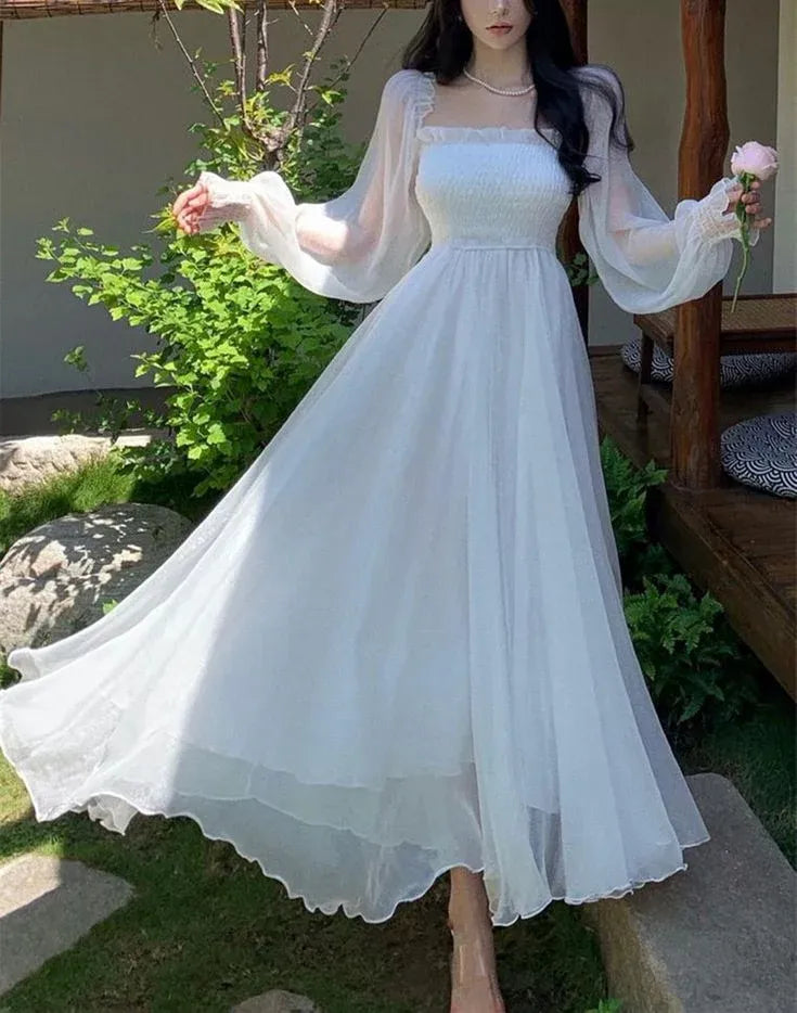 Ethereal Maxi Evening Dress White Off-Shoulder Sheer Long Sleeves for Women