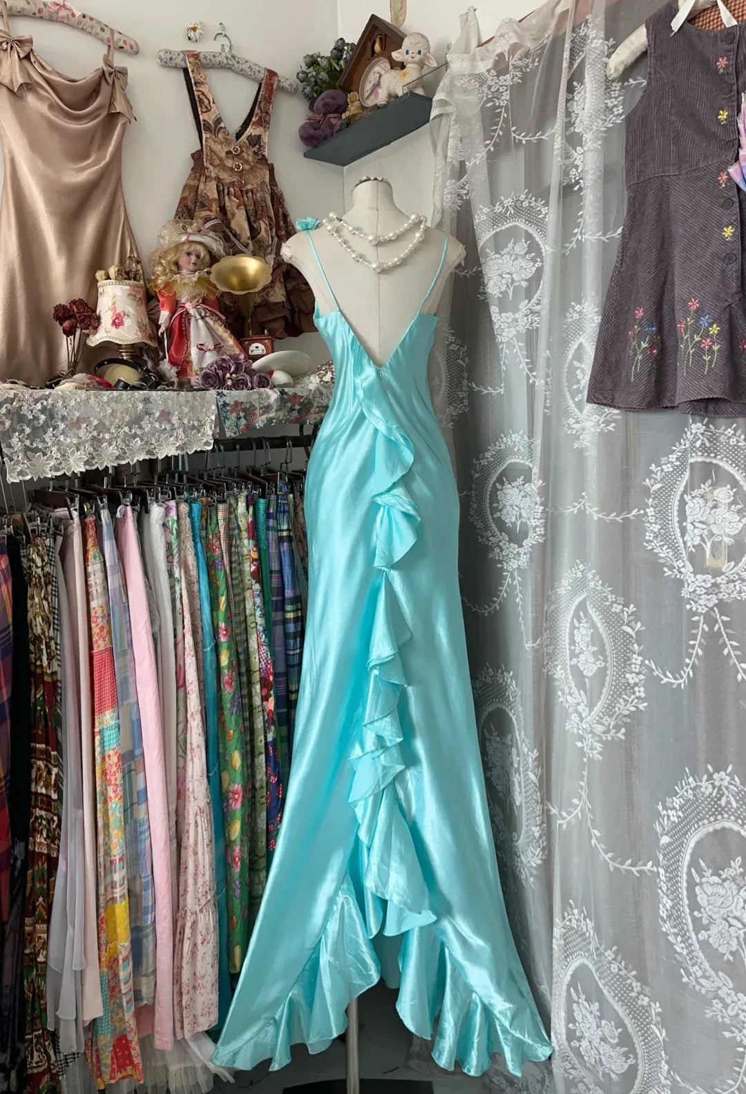 Ethereal Mermaid Cowl-Neck Sleeveless Ruffled Turquoise Maxi Prom Dress for Women ready to ship