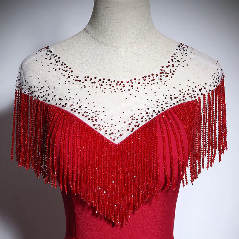 Glam Beaded Fringe Long Evening Dress Red Illusion Neck Sleeveless for Women