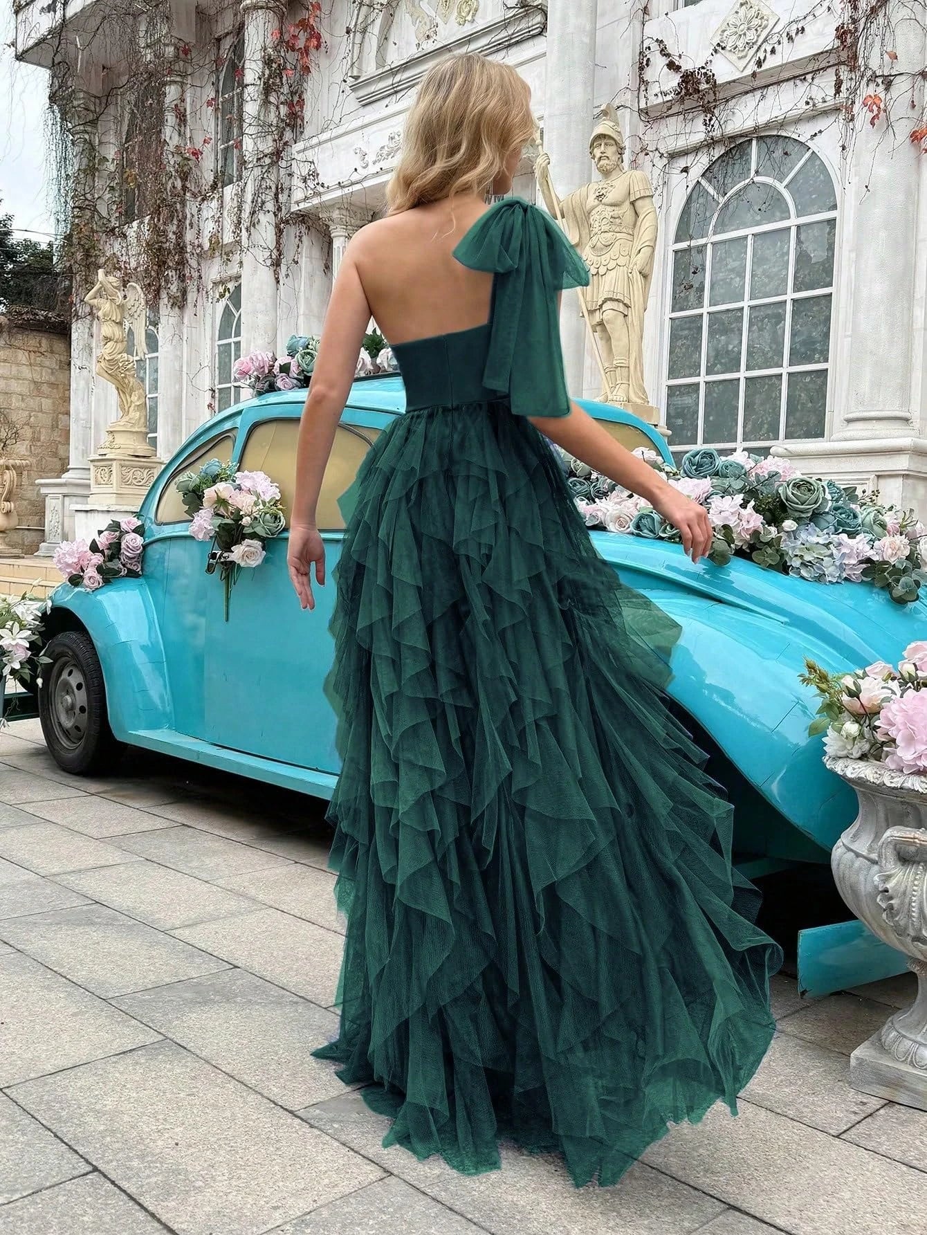 Glamorous One-Shoulder Tulle Ruffled Asymmetric-Slit Train Maxi Evening Dress